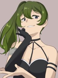 Rule 34 | 1girl, absurdres, age+, armlet, bare shoulders, black dress, black gloves, breasts, collarbone, dress, elbow gloves, empty eyes, gloves, green hair, grey background, hand on own cheek, hand on own face, highres, long hair, looking at viewer, medium breasts, parted lips, purple eyes, side ponytail, simple background, single glove, smile, solo, sousou no frieren, ubel (sousou no frieren), upper body, v