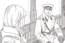 Rule 34 | 1boy, 1girl, belt, brown theme, character request, dated, facing away, gloves, hat, horikou, jacket, long sleeves, looking at viewer, manly, military, military jacket, military uniform, monochrome, peaked cap, real life, signature, sitting, smile, soldier, soviet, soviet army, uniform, yurucamp