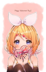 Rule 34 | 1girl, absurdres, bad id, bad pixiv id, bare shoulders, blonde hair, blue eyes, blush, box, covered mouth, detached sleeves, english text, eyelashes, flipped hair, gift, hair ornament, hair ribbon, hairband, hairclip, heart, heart-shaped box, heart hair ornament, highres, holding, holding gift, kagamine rin, looking at viewer, ribbon, short hair, solo, sumeshiruko, swept bangs, upper body, valentine, vocaloid, white ribbon