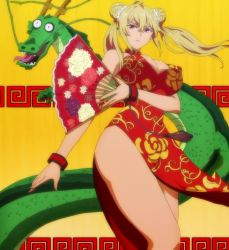 Rule 34 | 10s, 1girl, blonde hair, breasts, china dress, chinese clothes, cleavage, curvy, dragon, dress, female focus, highres, huge breasts, kaneko hiraku, large breasts, long hair, red eyes, screencap, shikishima mirei, solo, standing, stitched, thick thighs, thighs, third-party edit, twintails, valkyrie drive, valkyrie drive -mermaid-, wide hips