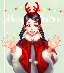 Rule 34 | 1girl, braid, brown eyes, christmas, earrings, eyelashes, fur trim, grin, hands up, heart, highres, jewelry, lips, long sleeves, looking at viewer, low twin braids, merry christmas, neck ribbon, original, parted bangs, pink lips, pom pom (clothes), red ribbon, rena illusion, ribbon, smile, solo, sparkle, teeth, twin braids