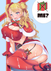 Rule 34 | 10s, 1girl, ass, asymmetrical hair, bad id, bad pixiv id, belt, blue eyes, blush, box, breast hold, breasts, bukkake, capelet, christmas, cleavage, covered erect nipples, cum, cum on body, cum on breasts, cum on clothes, cum on hair, cum on lower body, cum on upper body, dress, earrings, galko, garter straps, gift, gift box, gloves, hair bun, high heels, highres, jewelry, kippuru, large breasts, long hair, meme attire, one side up, open-chest sweater, oshiete! galko-chan, panties, red gloves, red thighhighs, ribbon, scrunchie, side bun, single side bun, sleeveless, sleeveless turtleneck, solo, speech bubble, sweat, sweater, sweater dress, tears, thighhighs, turtleneck, underwear, white panties