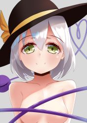 Rule 34 | 1girl, absurdres, black hat, bow, breasts, closed mouth, collarbone, eyeball, green eyes, grey background, grey hair, hair between eyes, hat, hat bow, hat ribbon, heart, heart of string, highres, komeiji koishi, looking at viewer, mantou xiang, nude, ribbon, short hair, simple background, small breasts, smile, solo, third eye, touhou, upper body, wavy hair, yellow bow, yellow ribbon