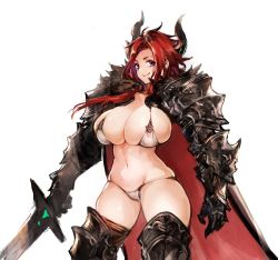 Rule 34 | 1girl, armor, bad id, bad pixiv id, bikini, breasts, cape, cleavage, fur trim, gauntlets, greaves, holding, holding sword, holding weapon, horns, huge breasts, large breasts, long hair, navel, nbo, original, pauldrons, purple eyes, red hair, shoulder armor, simple background, smile, solo, standing, swimsuit, sword, thighhighs, weapon, white background, white bikini