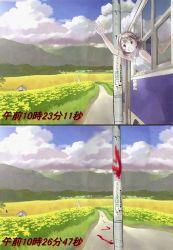 Rule 34 | 00s, 1girl, accident, before and after, blood, blood trail, blue sky, brown eyes, brown hair, bus, cloud, cloudy sky, death, field, flower, flower field, guro, house, instant loss, japanese text, jpeg artifacts, kikuchi yume, mahou tsukai ni taisetsu na koto, motor vehicle, mountain, open mouth, pain, road, short hair, sky, smile, solo, third-party edit, translation request, utility pole, vehicle, waving, window, yoshizuki kumichi