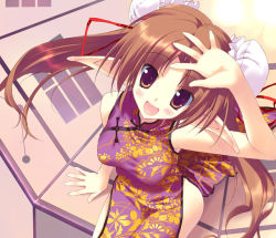 Rule 34 | 1girl, :d, bare shoulders, blush, brown eyes, brown hair, bun cover, china dress, chinese clothes, double bun, dress, elf, open mouth, orange eyes, original, pointy ears, side slit, sitting, smile, solo, tsurusaki takahiro