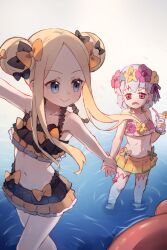 &gt;:) 2girls abigail_williams_(emerald_float)_(fate) abigail_williams_(fate) bare_arms bare_shoulders bendy_straw bikini black_bikini black_bow blonde_hair blue_flower bow character_request closed_mouth collarbone commentary cup double_bun drinking_glass drinking_straw english_commentary fate/grand_order fate_(series) flower hair_bow hair_bun hair_flower hair_ornament highres holding holding_another&#039;s_wrist holding_cup kama_(fate) kama_(swimsuit_avenger)_(fate) kama_(swimsuit_avenger)_(first_ascension)_(fate) long_hair mismatched_bikini miya_(miyaruta) multiple_girls navel open_mouth orange_bikini orange_bow outstretched_arm parted_bangs purple_flower sidelocks smile standing swimsuit thighhighs v-shaped_eyebrows wading water white_bikini white_thighhighs yellow_flower