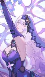Rule 34 | 1girl, arm up, bare shoulders, black swan (honkai: star rail), breasts, cleavage, colored eyelashes, commentary, dress, elbow gloves, gloves, grey eyes, highres, honkai: star rail, honkai (series), julia (julinhei), medium breasts, parted lips, pink lips, purple dress, purple hair, sleeveless, sleeveless dress, solo, upper body, veil