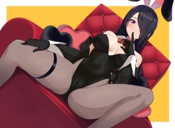 Rule 34 | 1girl, animal ears, bare shoulders, black coat, black gloves, black hair, bow, bowtie, breasts, cameltoe, coat, covered navel, detached collar, dutch angle, fake animal ears, finger to mouth, gloves, grey pantyhose, hair over one eye, hand up, highleg, highleg leotard, highres, leotard, long hair, long sleeves, looking at viewer, medium breasts, off shoulder, open clothes, open coat, original, pantyhose, playboy bunny, purple eyes, rabbit ears, sitting, solo, spread legs, strapless, strapless leotard, sukebewe, thigh strap