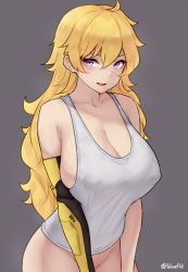 Rule 34 | 1girl, ahoge, blonde hair, bluefield, bottomless, breasts, cleavage, covered erect nipples, grey background, groin, highres, large breasts, long hair, looking at viewer, parted lips, prosthesis, prosthetic arm, purple eyes, rwby, simple background, smile, solo, tank top, twitter username, wavy hair, white tank top, yang xiao long
