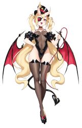 Rule 34 | 1girl, absurdres, black footwear, black headwear, black leotard, blonde hair, blush, breasts, brown thighhighs, choker, collarbone, covered navel, demon girl, demon horns, demon tail, demon wings, eyepatch, fingernails, full body, highres, holding, holding whip, horns, leotard, long hair, looking at viewer, medium breasts, migu (iws2525), open mouth, original, red eyes, red nails, sharp fingernails, simple background, smile, solo, tail, teeth, thighhighs, tongue, twintails, upper teeth only, very long hair, white background, wings