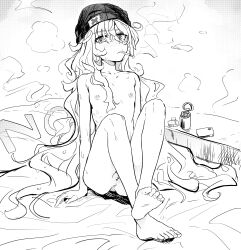 Rule 34 | 1girl, absurdres, bar censor, beanie, blush, call of cthulhu, censored, cigarette, cigarette pack, cleft of venus, collarbone, completely nude, female focus, flat chest, full body, greyscale, hair between eyes, hat, highres, knees up, long hair, looking at viewer, monochrome, nipples, no, nude, on bed, original, pillow, pussy, sitting, skinny, smoke, smoking, solo, sweat, very long hair, yes-no pillow, yodosumiori