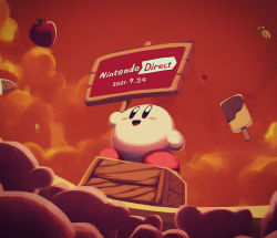Rule 34 | box, carrot, cloud, cloudy sky, floating, floating object, food, fruit, happy, highres, ice cream, kirby, kirby (series), looking up, nintendo, open mouth, scenery, sign, sky, stage, strawberry, suyasuyabi, text focus, tongue