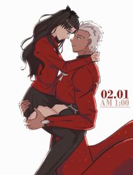 1boy 1girl archer_(fate) black_hair black_skirt black_thighhighs blue_eyes closed_mouth coat couple dark-skinned_male dark_skin fate/stay_night fate_(series) hetero highres lifting_person long_hair looking_at_another miniskirt multiple_girls pleated_skirt rakirurus red_coat red_shirt shirt short_hair simple_background skirt smile thighhighs thighs tohsaka_rin two_side_up very_short_hair wavy_hair white_background white_hair yellow_eyes zettai_ryouiki