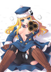 Rule 34 | 1girl, :o, angry, atlus, black pantyhose, blonde hair, blue eyes, blush, boots, breast slip, breasts, buttons, cameltoe, coat, embarrassed, etrian odyssey, fighting stance, foreshortening, fur trim, gloves, gun, gunner (sekaiju), handgun, hat, head tilt, holding, jack frost (megami tensei), knee boots, large breasts, long hair, lying, midriff, navel, nipples, no bra, on back, on ground, open clothes, open shirt, outdoors, panties, panties under pantyhose, pantyhose, pantyshot, public indecency, public nudity, revolver, shirt, sidelocks, smiley face, snow, solo, spread legs, torn clothes, torn pantyhose, underwear, wavy hair, weapon, white panties, yaso shigeru