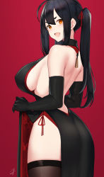 Rule 34 | 1girl, ahoge, ass, back, backless dress, backless outfit, black dress, black gloves, black hair, blush, breasts, brown thighhighs, dress, elbow gloves, fang, gloves, hayabusa (vert 320), highres, large breasts, long hair, looking at viewer, mole, mole on breast, mole under eye, open mouth, original, red background, side slit, sideboob, sidelocks, simple background, smile, solo, tassel, thighhighs, twintails, yellow eyes