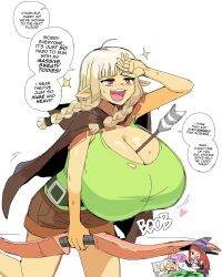 Rule 34 | 2girls, alternate breast size, arrow (projectile), bare shoulders, belt, between breasts, blonde hair, bow (weapon), braid, breasts, brown hair, cleavage, detached sleeves, dragon&#039;s crown, dreaming, elf, elf (dragon&#039;s crown), english text, gloves, hat, highres, hood, huge breasts, large breasts, long hair, multiple girls, noodlemage, pointy ears, red eyes, shorts, sorceress (dragon&#039;s crown), twin braids, weapon, white background, witch hat