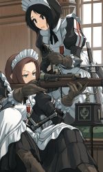 Rule 34 | 2girls, apron, aqua eyes, artist name, asterisk kome, black eyes, black hair, bolt action, boots, brown footwear, brown gloves, brown hair, commentary request, frilled gloves, frills, gloves, gun, highres, holding, holding gun, holding phone, holding weapon, lee-enfield, maid, maid apron, maid headdress, military, multiple girls, open mouth, original, phone, puffy sleeves, rifle, scabbard, scope, sheath, short hair, sniper rifle, trigger discipline, weapon