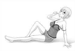 Rule 34 | arm support, bare arms, bare legs, bare shoulders, barefoot, blush, breasts, camisole, casual, cleavage, collarbone, earrings, eating, edogawa roman, food, from side, full body, greyscale, hair between eyes, holding, holding food, idolmaster, idolmaster cinderella girls, jewelry, looking to the side, medium breasts, monochrome, necklace, pendant, popsicle, shiomi syuko, short hair, shorts, simple background, solo, spaghetti strap, strap slip, white background