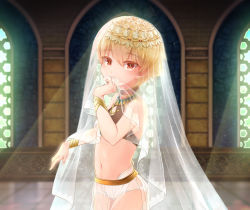Rule 34 | 1boy, aged down, blonde hair, child, child gilgamesh (fate), crossdressing, fate/grand order, fate (series), gilgamesh (fate), highres, looking at viewer, male focus, midriff, navel, red eyes, solo, soumen nigoki, traditional clothes, veil