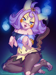 Rule 34 | 1girl, acerola (pokemon), adapted costume, animal ears, armlet, artist name, bare shoulders, black pantyhose, blue eyes, blush, blush stickers, breasts, cosplay, creatures (company), dress, fake animal ears, feet, female focus, full body, game freak, hair ornament, hands up, kajin (kajinman), looking at viewer, mask, mimikyu (cosplay), nail polish, nintendo, open mouth, pantyhose, patreon, patreon username, paw pose, pokemon, pokemon sm, purple hair, short hair, signature, simple background, sitting, small breasts, smile, solo, tail, teeth, text focus, tongue, torn clothes, torn pantyhose, trial captain, watermark, web address