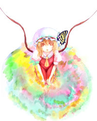 Rule 34 | 1girl, blonde hair, blouse, bug, butterfly, flandre scarlet, from above, hair between eyes, hat, insect, mob cap, rasha, red eyes, seiza, shirt, sitting, solo, touhou, white hat, white shirt, wings
