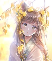 Rule 34 | 1girl, :o, animal ears, autumn leaves, backlighting, blunt bangs, blush, brown eyes, brown hair, day, flower, fox ears, fox girl, hair flower, hair ornament, head tilt, highres, japanese clothes, kimono, long hair, looking away, looking to the side, low-tied long hair, myusha, open mouth, original, outdoors, plant, solo, upper body, white kimono