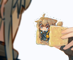 Rule 34 | 2girls, :3, ahoge, animal ears, blurry, brown eyes, brown hair, chibi, commentary, commentary request, cracker, depth of field, ears down, fingerless gloves, food, from behind, girls&#039; frontline, gloves, grey hair, hair between eyes, hair ornament, hairclip, highres, holding, holding food, holding person, in food, looking at another, mini person, minigirl, multiple girls, shaded face, shaking, simple background, soft focus, su xiao jei, tail, teardrop, tears, ump45 (girls&#039; frontline), ump9 (girls&#039; frontline), white background
