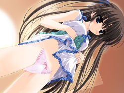 Rule 34 | 1girl, blue eyes, brown hair, cameltoe, clothes lift, dress, dress lift, dutch angle, from below, game cg, kamipani!, katase megumi, long hair, looking down, non-web source, panties, pink panties, shintarou, side-tie panties, solo, spread legs, thighhighs, twintails, underwear