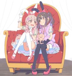 Rule 34 | 2girls, ahoge, alternate costume, animal ears, armchair, black gloves, black hair, black thighhighs, bow, brown eyes, chair, commentary, full body, gloves, grey hair, hair between eyes, hair bow, hair ornament, hairclip, high heels, highres, knees together feet apart, long hair, looking at another, miton (turuyasann), multicolored hair, multiple girls, onii-chan wa oshimai!, open mouth, oyama mahiro, oyama mihari, pillow, puffy short sleeves, puffy sleeves, purple hair, rabbit ears, red bow, red footwear, shoes, short sleeves, siblings, sisters, sitting, smile, streaked hair, stuffed animal, stuffed rabbit, stuffed toy, thighhighs, twintails, two-tone hair, underskirt, white gloves, white thighhighs