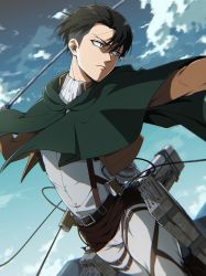 Rule 34 | 1boy, absurdres, ascot, belt, black hair, brown jacket, brown sash, cloak, cloud, cloudy sky, cowboy shot, cropped jacket, fighting stance, green cloak, hair between eyes, harness, highres, holding, holding weapon, jacket, levi (shingeki no kyojin), looking to the side, male focus, outdoors, pants, parted bangs, shingeki no kyojin, shirt, short hair, sky, solo, taso (harutsukimikan), thigh strap, three-dimensional maneuver gear, waist sash, weapon, white pants, white shirt
