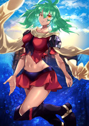 Rule 34 | 1girl, absurdres, black footwear, boots, breasts, day, emerada (xenogears), feet out of frame, green hair, highres, huge filesize, long hair, medium breasts, midriff, miniskirt, navel, orange eyes, red skirt, risumi (taka-fallcherryblossom), scarf, skirt, sky, solo, torn clothes, xenogears, yellow eyes