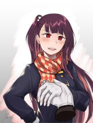 Rule 34 | 1girl, black coat, blush, checkered clothes, checkered scarf, coat, girls&#039; frontline, gloves, hair ornament, hand on hand, hand on own hip, highres, jewelry, long hair, looking at viewer, open mouth, purple hair, red eyes, ring, scarf, simple background, smile, solo, stigmamyu, wa2000 (date in the snow) (girls&#039; frontline), wa2000 (girls&#039; frontline), white gloves