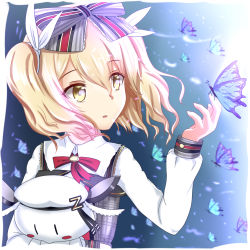 Rule 34 | 1girl, alternate costume, blonde hair, blouse, bow, bowtie, bug, butterfly, butterfly on hand, buttons, doll, dress, eyelashes, hair between eyes, hair bow, hair ribbon, hand up, holding, holding doll, insect, light, long sleeves, looking away, looking to the side, multicolored bow, open mouth, red bow, red bowtie, ribbon, shirt, short twintails, simple background, sleeve cuffs, solo, staring, striped, striped bow, turning head, twintails, upper body, warship girls r, white shirt, xia zhi chong yin xu ruo dan qing, yellow eyes, z31 (warship girls r)