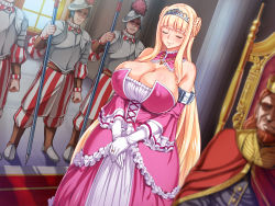 Rule 34 | 1girl, beard, blonde hair, blush, boots, braid, breasts, cleavage, closed eyes, closed mouth, covered erect nipples, crown, detached collar, detached sleeves, dress, elisabeth von elstein, facial hair, french braid, frilled dress, frills, gloves, hands together, highres, huge breasts, indoors, jewelry, king, knight, legs, long hair, necklace, neroma shin, no eyes, original, oujo &amp; onna kishi w dogehin roshutsu ~chijoku no misemono dorei~, princess, ring, sidelocks, smile, standing, strapless, thighs, throne, very long hair
