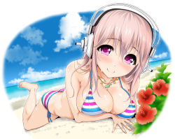 Rule 34 | 1girl, ass, barefoot, beach, bikini, blush, breasts, butt crack, cleavage, cloud, day, flower, headphones, hibiscus, jewelry, kotengu, large breasts, long hair, looking at viewer, lying, multicolored bikini, multicolored clothes, necklace, nitroplus, ocean, outdoors, pink eyes, pink hair, shiny skin, side-tie bikini bottom, skindentation, sky, smile, solo, strap gap, striped bikini, striped clothes, summer, super sonico, swimsuit, tears