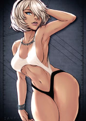 Rule 34 | 1girl, armpits, black hairband, black panties, blue eyes, bracelet, breasts, commentary, english commentary, hair over one eye, hairband, hand in own hair, iahfy, jewelry, lips, medium breasts, micro panties, mole, mole under mouth, navel, necklace, nier (series), nier:automata, panties, parted lips, revealing clothes, short hair, sideboob, solo, thick thighs, thighs, toned, underboob, underwear, wide hips, 2b (nier:automata)