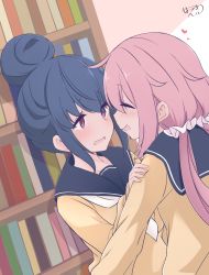 Rule 34 | 2girls, absurdres, blue hair, blush, book, bookshelf, commentary, drooling, embarrassed, closed eyes, hair bun, hand on another&#039;s shoulder, hazuki haru, heart, highres, indoors, kagamihara nadeshiko, library, long hair, looking at another, multiple girls, open mouth, pink hair, purple eyes, school uniform, scrunchie, shima rin, signature, single hair bun, twintails, wavy mouth, yuri, yurucamp