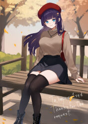 Rule 34 | 1girl, bag, beret, black footwear, black skirt, black thighhighs, blue eyes, breasts, brown shirt, brown sweater, collared shirt, commission, falling leaves, hair ornament, handbag, hat, highres, improv1sed (vtuber), indie virtual youtuber, jewelry, large breasts, leaf, long hair, necklace, on bench, ramachiru, red bag, red hat, shadow, shirt, sitting, skeb commission, skirt, sleeves past wrists, solo, sweater, thank you, thighhighs, tree, zettai ryouiki