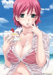 Rule 34 | 00s, 1girl, bikini, bikini top only, bikini under clothes, breasts, cake, cleavage, collarbone, cream, doily, female focus, fingernails, food, fruit, green eyes, happoubi jin, iihara nao, large breasts, licking, licking finger, lips, navel, pastry, pink hair, resort boin, shirt, short hair, sleeves pushed up, solo, strawberry, sweat, swimsuit, swimsuit under clothes, tongue, unbuttoned, upper body, wet, wet clothes
