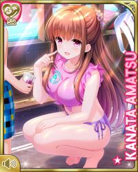 Rule 34 | 1girl, amatsu kanata, bare arms, bare legs, barefoot, beach, brown hair, card, character name, day, girlfriend (kari), kneeling, long hair, navel, official art, one-piece swimsuit, open mouth, outdoors, pink shirt, purple one-piece swimsuit, qp:flapper, red eyes, shirt, smile, solo, swimsuit, tagme, tied shirt