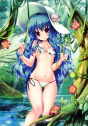 Rule 34 | 1girl, absurdres, bikini, blue hair, blush, bracelet, breasts, flower, food, forest, fruit, groin, hat, highres, hinanawi tenshi, image sample, jewelry, light rays, long hair, looking at viewer, maruchan., nature, navel, peach, petals, plant, red eyes, river, shiny skin, side-tie bikini bottom, small breasts, smile, solo, sunbeam, sunlight, swimsuit, thigh gap, touhou, vines, wading