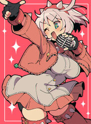 Rule 34 | 1girl, ahoge, blue eyes, blush, breasts, choker, dress, elphelt valentine, fingerless gloves, gloves, guilty gear, guilty gear strive, highres, holding, holding microphone, itsuka neru, jacket, large breasts, long sleeves, microphone, no nose, one eye closed, open clothes, open jacket, open mouth, outline, pink background, pointing, red jacket, short dress, short hair, solo, spiked choker, spiked headband, spiked jacket, spiked legwear, spikes, standing, star-shaped pupils, star (symbol), symbol-shaped pupils, thigh strap, white dress, white hair