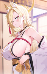 Rule 34 | 1girl, absurdres, animal ear fluff, animal ears, blue archive, blurry, blurry background, blush, breasts, detached sleeves, hair ornament, halo, highres, japanese clothes, kaho (blue archive), kimono, large breasts, long hair, looking at viewer, mole, mole under mouth, parted bangs, parted lips, sideboob, solo, sweat, tunoko98, white kimono, white sleeves, wide sleeves, yellow eyes