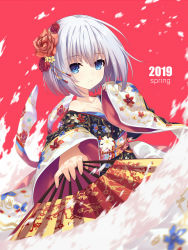 Rule 34 | 1girl, bare shoulders, blue eyes, breasts, cleavage, collarbone, commentary request, date a live, dated, explosive, floral print, flower, hair between eyes, hair flower, hair ornament, hand fan, hand up, highres, holding, holding fan, japanese clothes, kimono, long sleeves, looking at viewer, medium breasts, neps-l, new year, off shoulder, orange flower, reaching, reaching towards viewer, red flower, short hair, silver hair, solo, tobiichi origami, wide sleeves