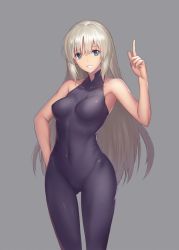 Rule 34 | 1girl, armpits, bare arms, bare shoulders, black bodysuit, blue eyes, bodysuit, breasts, collarbone, covered navel, cowboy shot, gluteal fold, grin, hand on own hip, index finger raised, long hair, looking at viewer, medium breasts, oukawa yuu, parted lips, skin tight, smile, solo, standing, teeth, very long hair