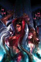 Rule 34 | 1boy, 4girls, afro, animification, bad end, bdsm, black cat (marvel), black hair, bodysuit, bondage, bound, breasts, brown hair, chain, cleavage, colleen wing, crop top, felicia hardy, hairband, highres, imminent rape, injury, lips, long hair, maria vasquez, marvel, mask, midriff, misty knight, monster, multiple girls, navel, official art, open clothes, open mouth, prisoner, restrained, scared, slime (substance), takeda sana, tarantula (marvel), tentacles, torn clothes, unzipped, victoria hand, white hair, you gonna get raped