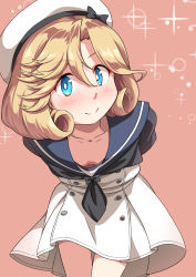 Rule 34 | 1girl, black neckerchief, blonde hair, blue eyes, blue jacket, blue sailor collar, breasts, downblouse, dress, feet out of frame, futatsuki hisame, hat, highres, jacket, janus (kancolle), kantai collection, looking at viewer, neckerchief, parted bangs, pink background, sailor collar, sailor dress, sailor hat, short hair, small breasts, smile, solo, sparkle background, white dress, white hat