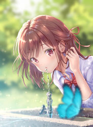 Rule 34 | 1girl, :o, blurry, blurry background, blurry foreground, blush, brown hair, bug, butterfly, collared shirt, commentary, day, depth of field, drinking, english commentary, faucet, hair ribbon, tucking hair, hand up, hirokazu (analysis-depth), insect, long hair, long sleeves, looking at viewer, original, outdoors, parted lips, purple eyes, red ribbon, ribbon, shirt, upper body, water