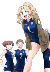 Rule 34 | 3girls, :d, absurdres, adidas, alisa (girls und panzer), alternate costume, ball, blonde hair, blue eyes, brand name imitation, breasts, brown eyes, brown hair, brown jacket, chewing gum, cowboy shot, elbow drop, emblem, female focus, girls und panzer, hands on own hips, highres, holding, holding ball, jacket, kay (girls und panzer), knee brace, large breasts, leaning forward, medium breasts, multiple girls, multiple views, naomi (girls und panzer), open mouth, satou yasu, saunders (emblem), short hair, small breasts, smile, sportswear, thighs, two side up, volleyball, volleyball (object), volleyball uniform, white background